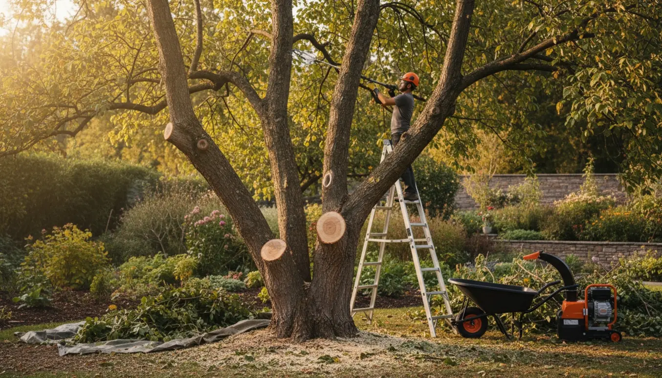 Flerstammet træ med to afsavede stammer, beskæring af overhængende grene og bunker af afklip klar til bortskaffelse.