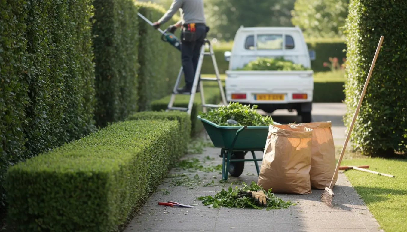 En person trimmer en lang hæk fra en stige, mens afklip samles i trillebør og bioposer klar til bortkørsel.