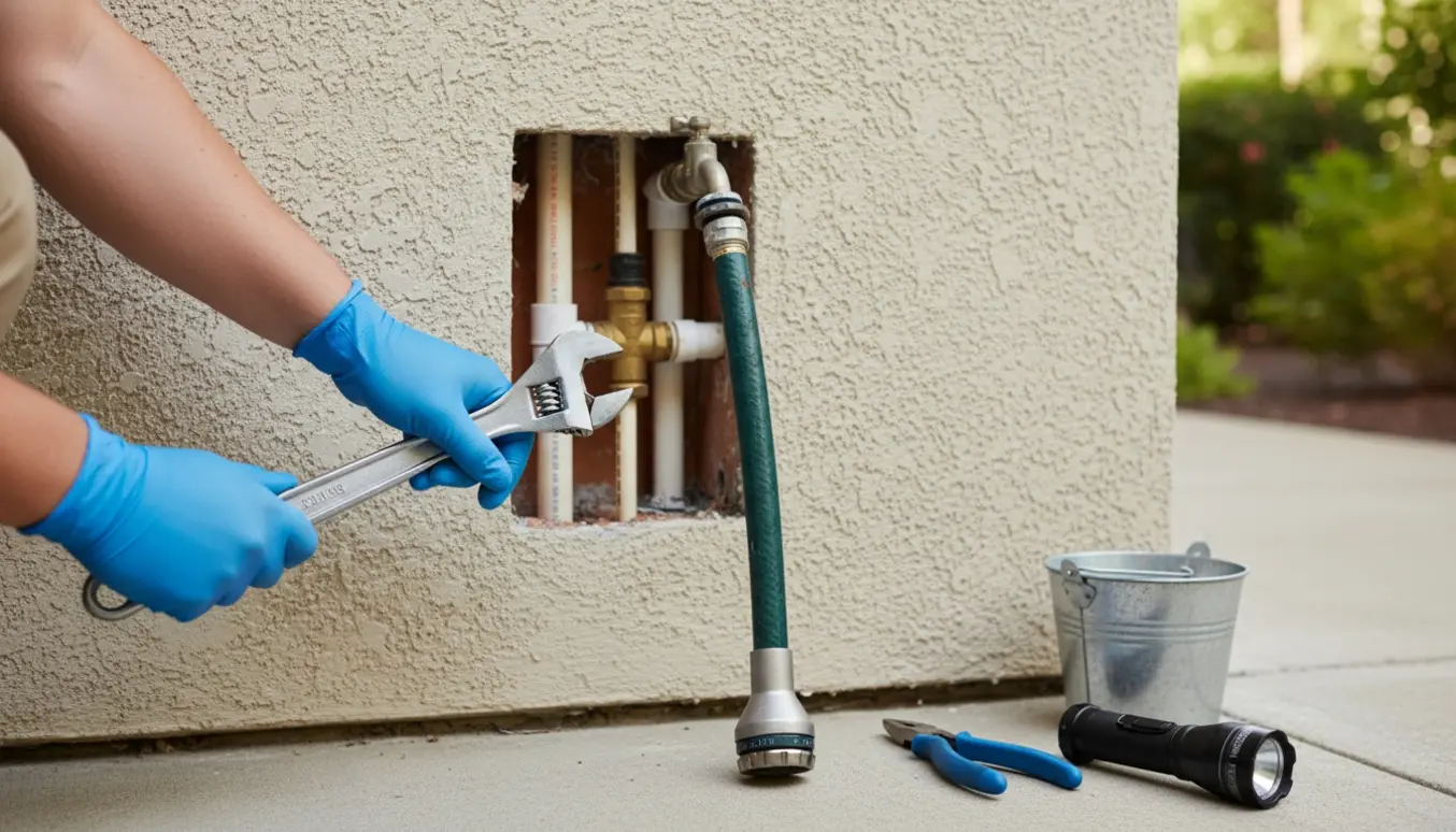 Haveslange uden vand tilsluttet gennem væg med åben rør-adgang indendørs, hånd med skruenøgle ved ventil.