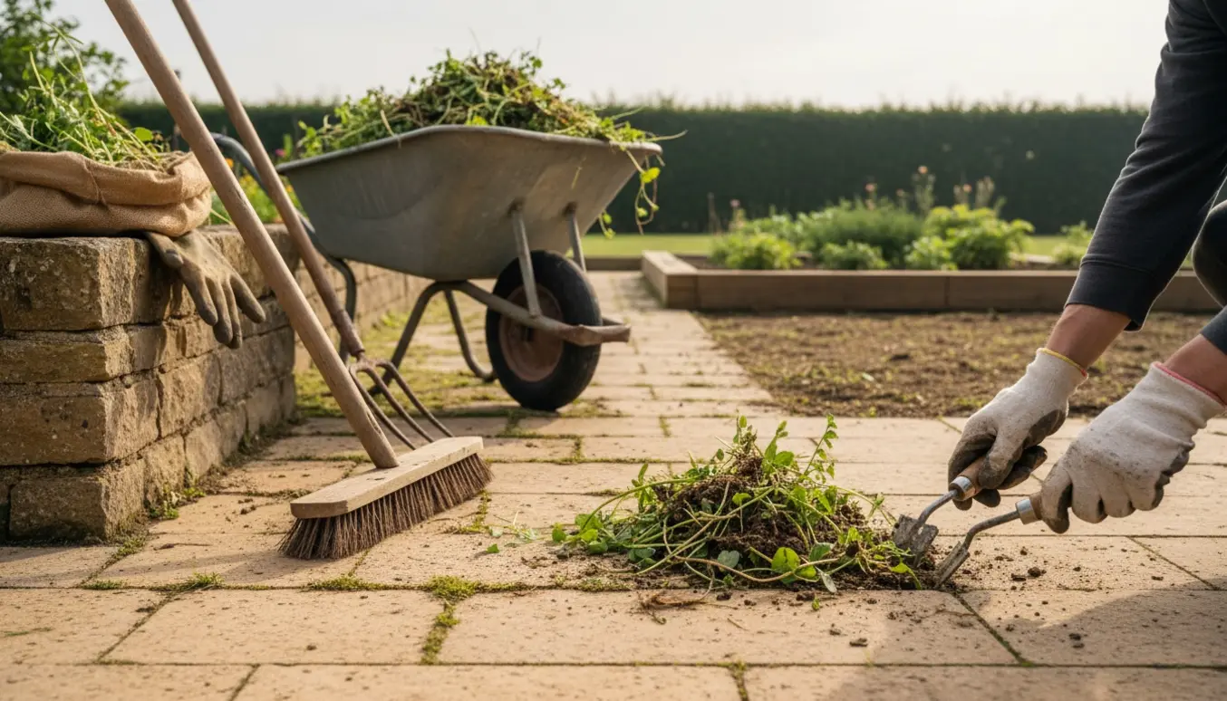 Hænder fjerner ukrudt mellem gårdspladsens fliser med haveredskaber og en trillebør ved siden af.