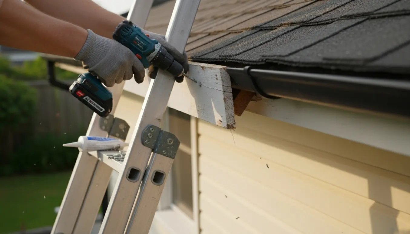Hænder på en stige fastgør et løst bræt under tagudhænget på en bungalow.