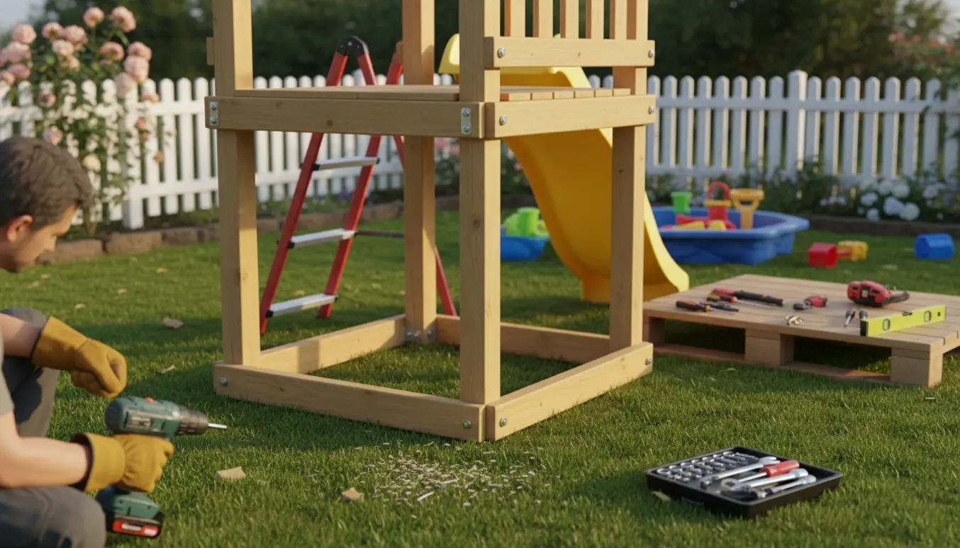 Delvist opsat trælegetårn i haven med værktøj og hænder, der spænder en bolt med en boremaskine.