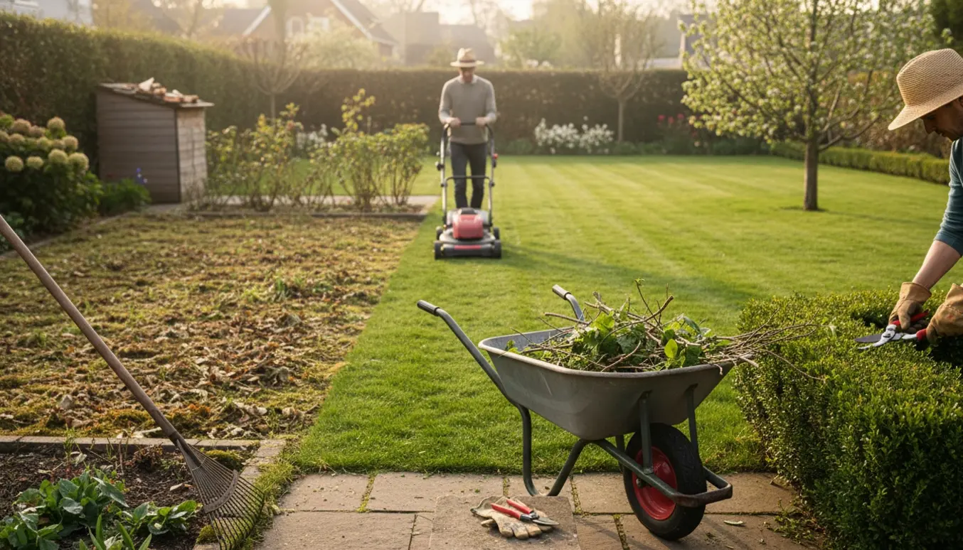 Forårsrengøring i en stor baghave med plæneklipper, trillebør med haveaffald og beskæring i blødt morgenlys.