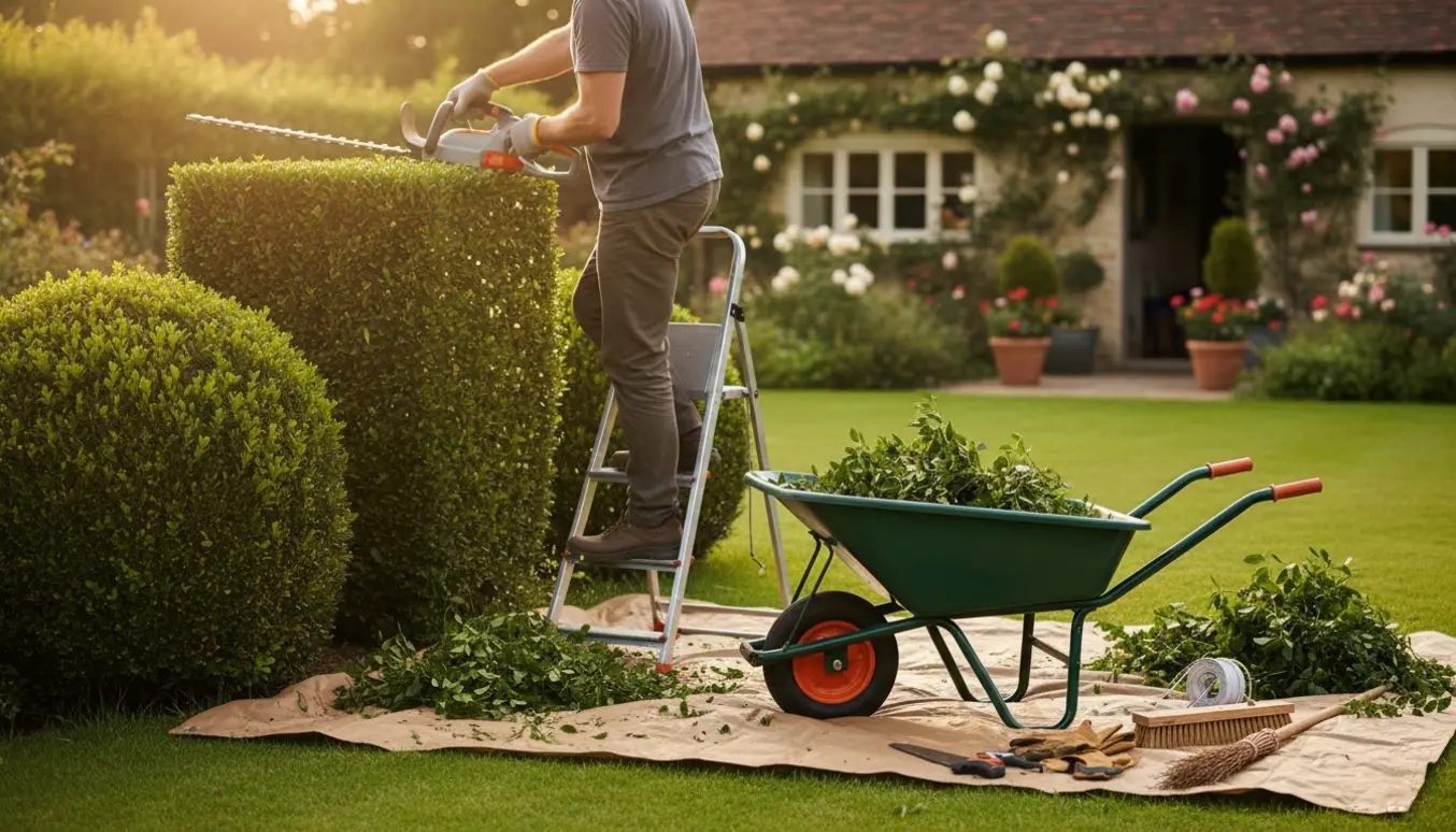 Nærbillede af hækklipning i en solbeskinnet have med værktøj og nyklippede formede buske.