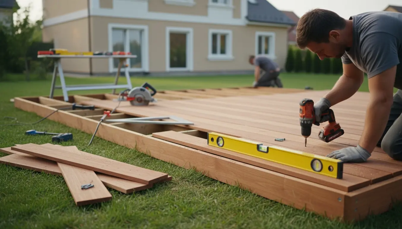 Halvfærdig træterrasse i baghaven med synlige bjælker, værktøj og en håndværker, der monterer terrassebrædder.