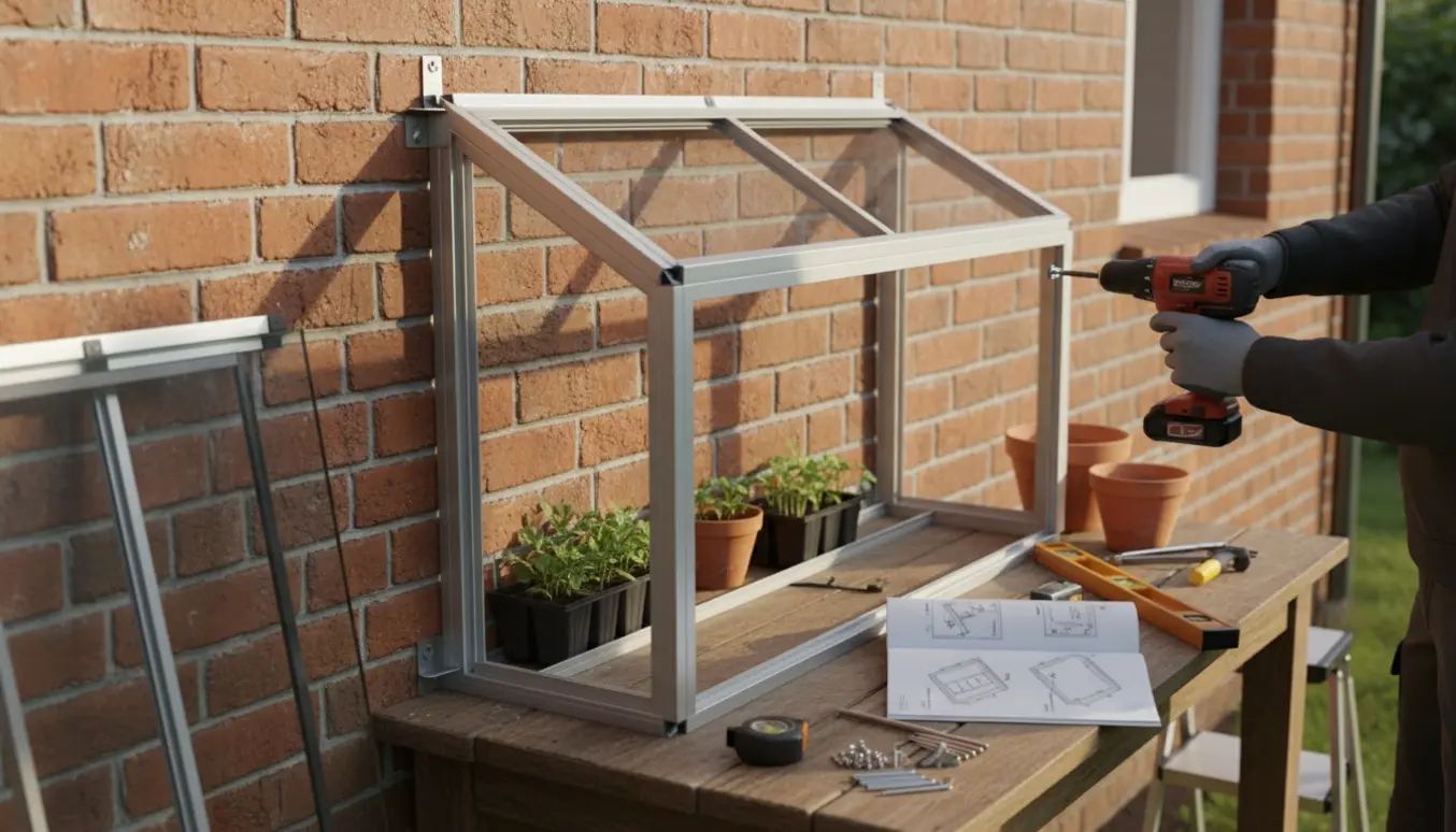 Delvist samlet lille vægdrivhus monteres på en mur med værktøj og små planter synlige.