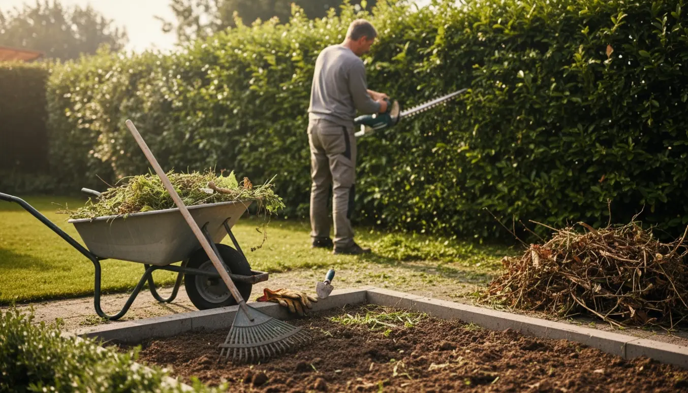 Hækklipning og ukrudtsrens i en privat have med værktøj og en bunke haveaffald.
