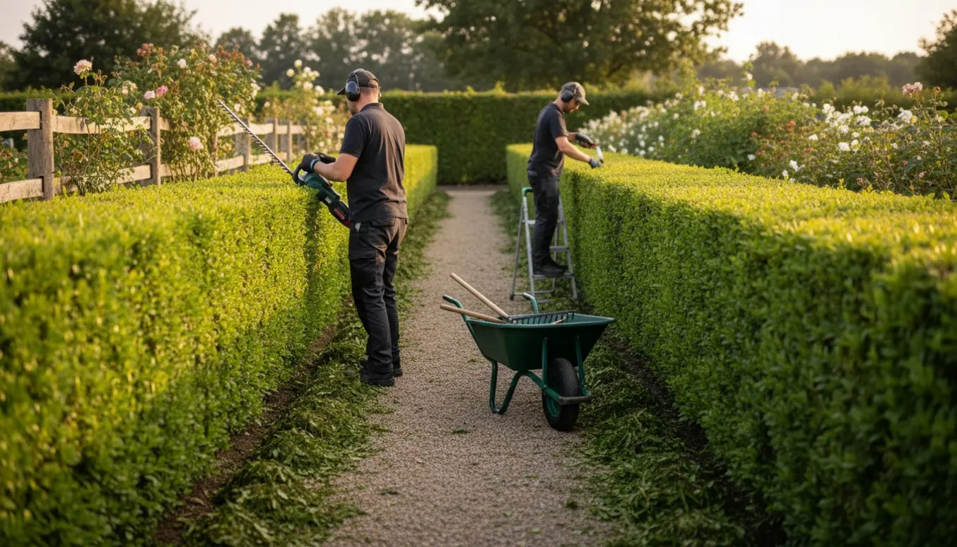 Lang hæk på ca. 50 meter klippes pænt på begge sider med opsamlede afklip.