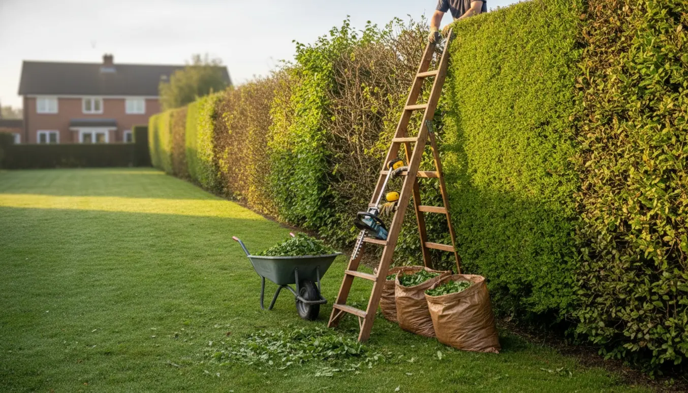 Høj bøgehæk langs to sider af en stor græsplæne under klipning med trillebør og bunke af hækafklip.