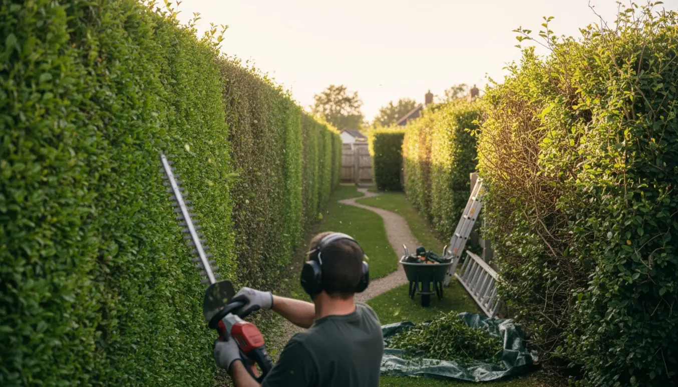 Lang hæk klippes fra den ene side med hækkeklipper, hvor nyslået og utrimmet side står i kontrast.