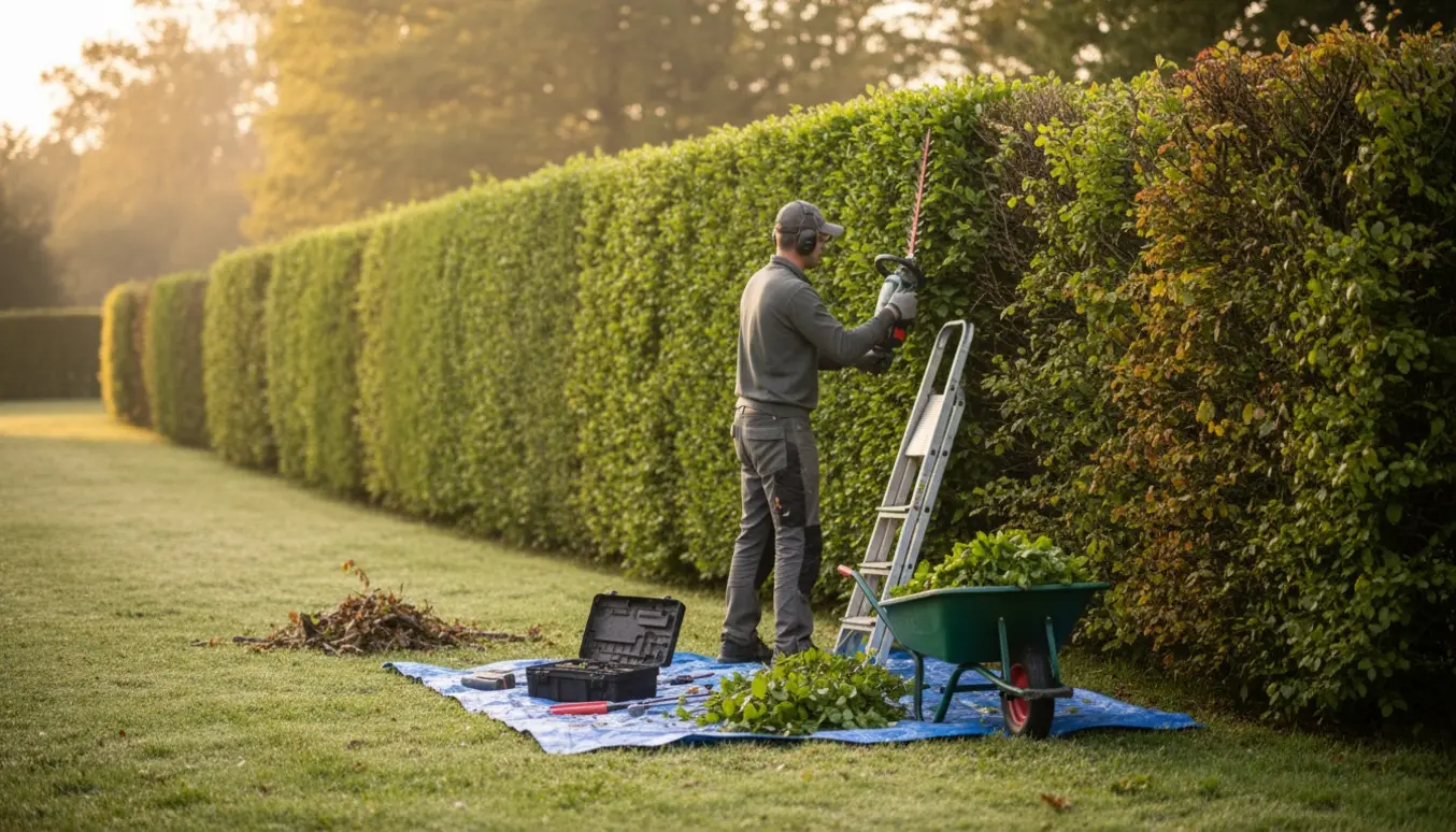 Havearbejder ses bagfra, mens han beskærer en lang bøgehæk med friske afklip samlet i en trillebør.