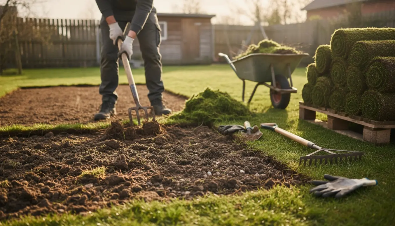 Havejord vendes og mos fjernes, klar til lægning af rullegræs.