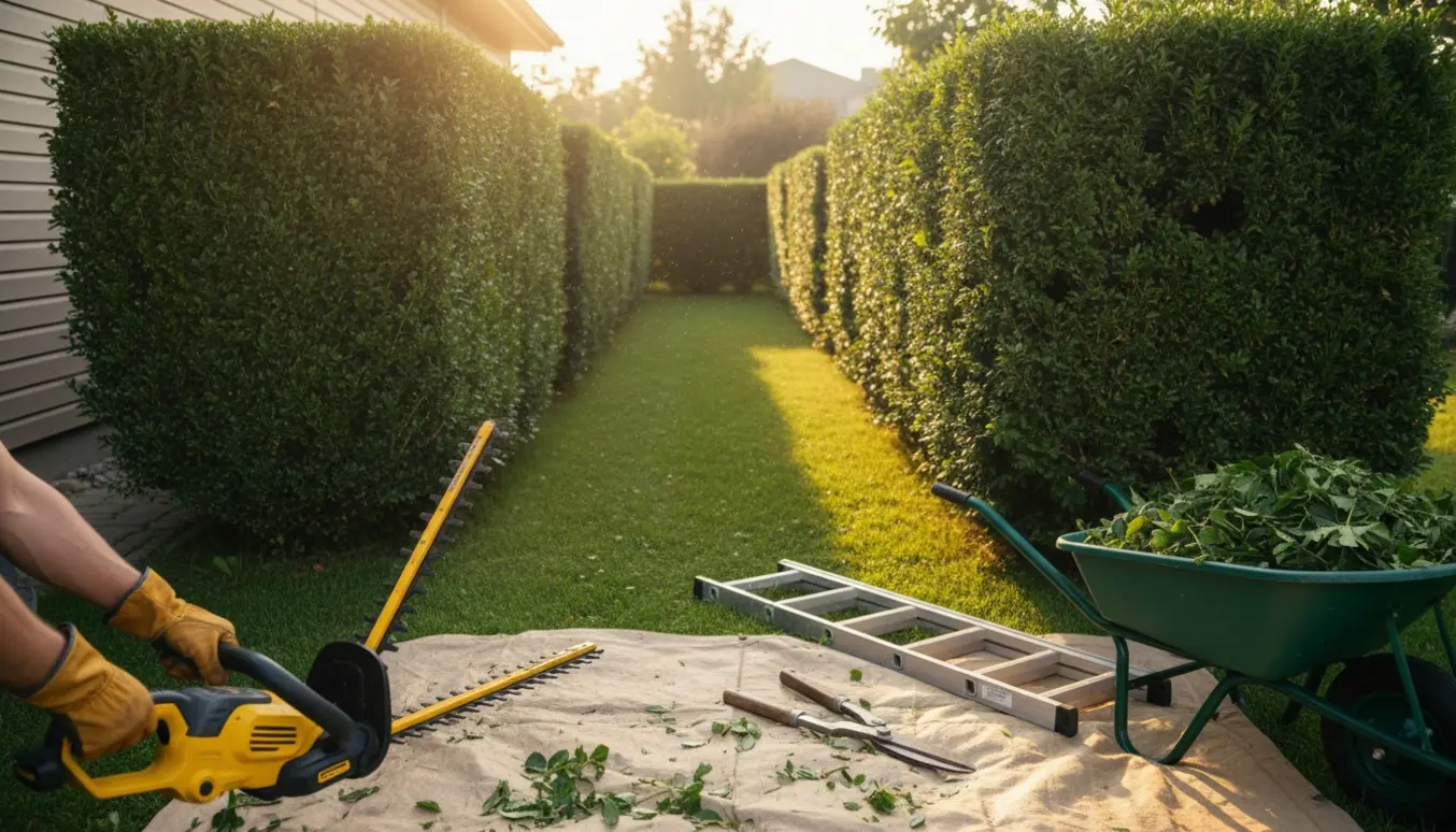 To hække i en solrig baghave, den ene nyklippet, med hækklipper, sakse og afklip synlige.