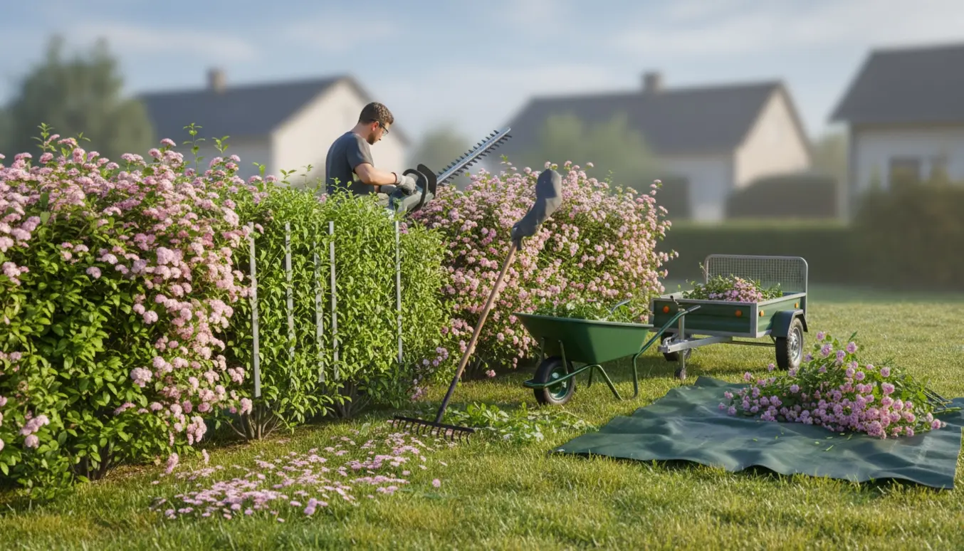 En person trimmer den ene side af en lang spireahæk, mens afklip samles i en trillebør.