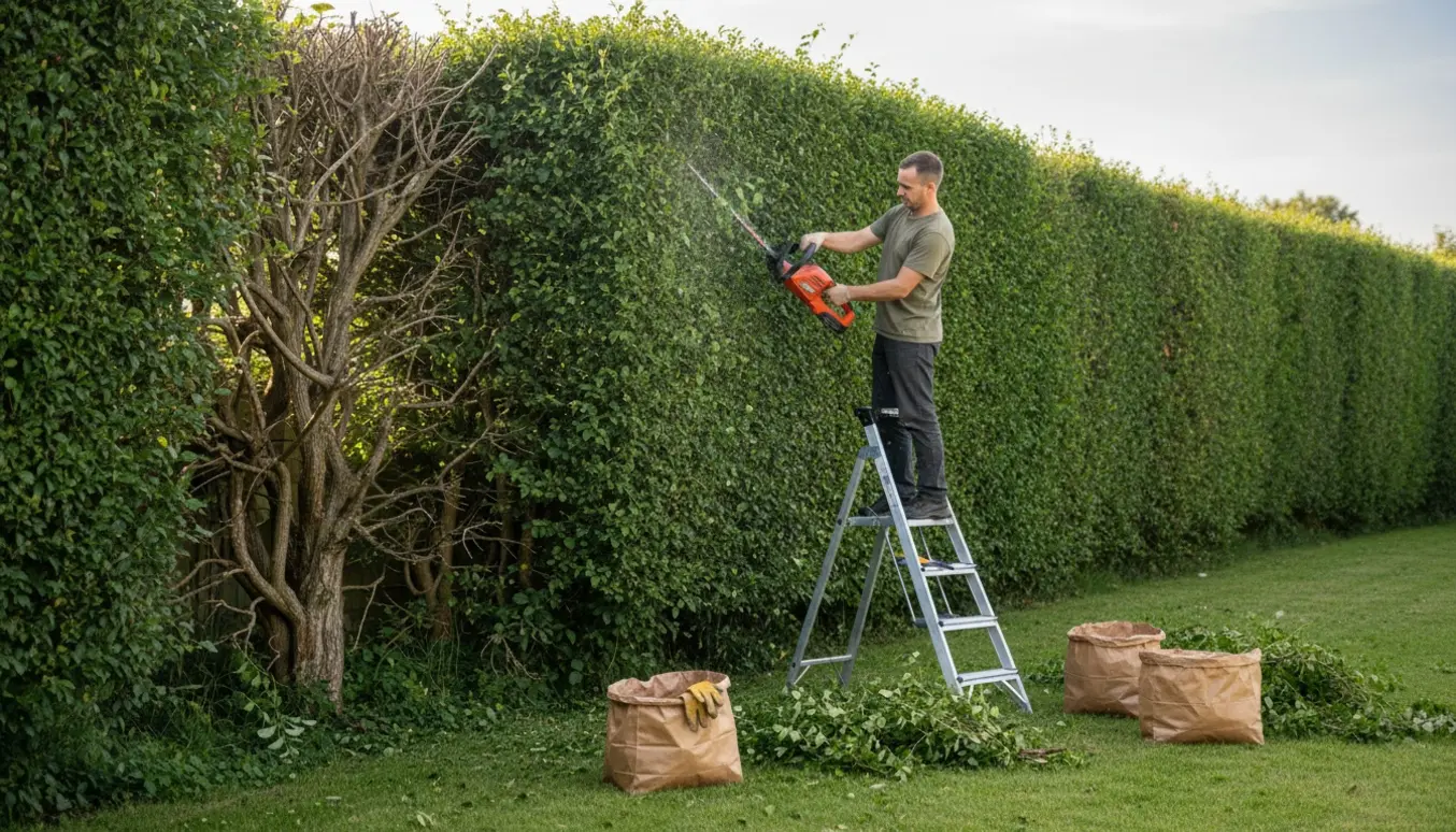 Person på en lille trappestige klipper en 2,1 m høj hæk med en hækkeklipper, mens afskårne grene ligger i poser.