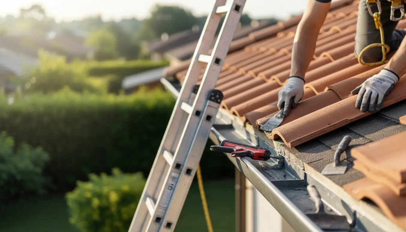Handskerede hænder tætner tre samlinger i en tagrende og sætter en erstatningsteglsten på plads på et rødt tegltag.