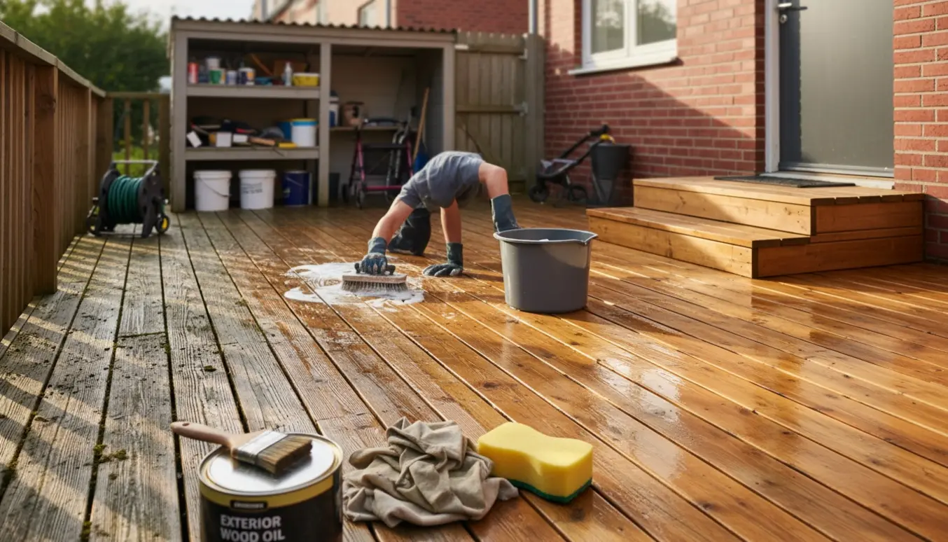 Træterrasse med før- og efter-rengøring og oliering, redskaber i forgrunden.