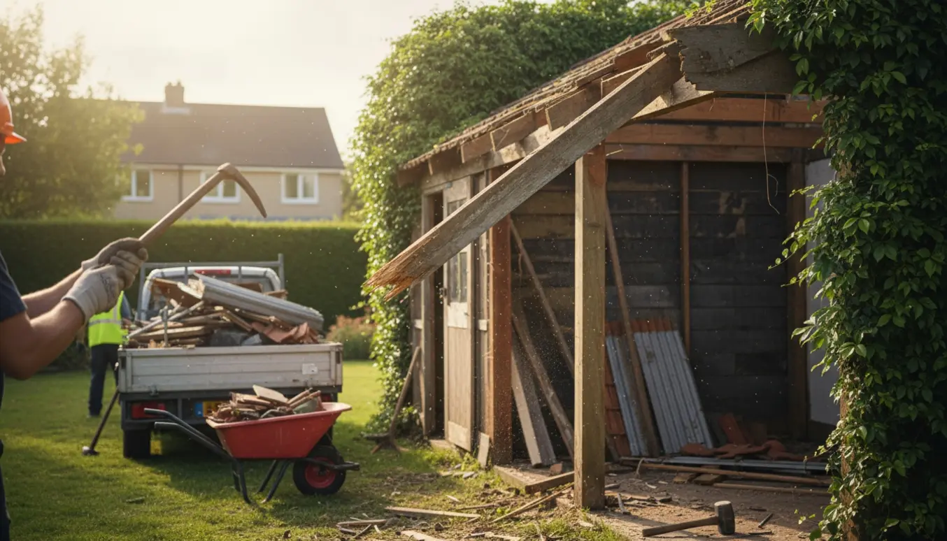 Nedrivning af en gammel carport og skur delvist dækket af efeu med værktøj og trailer fyldt med byggeaffald.