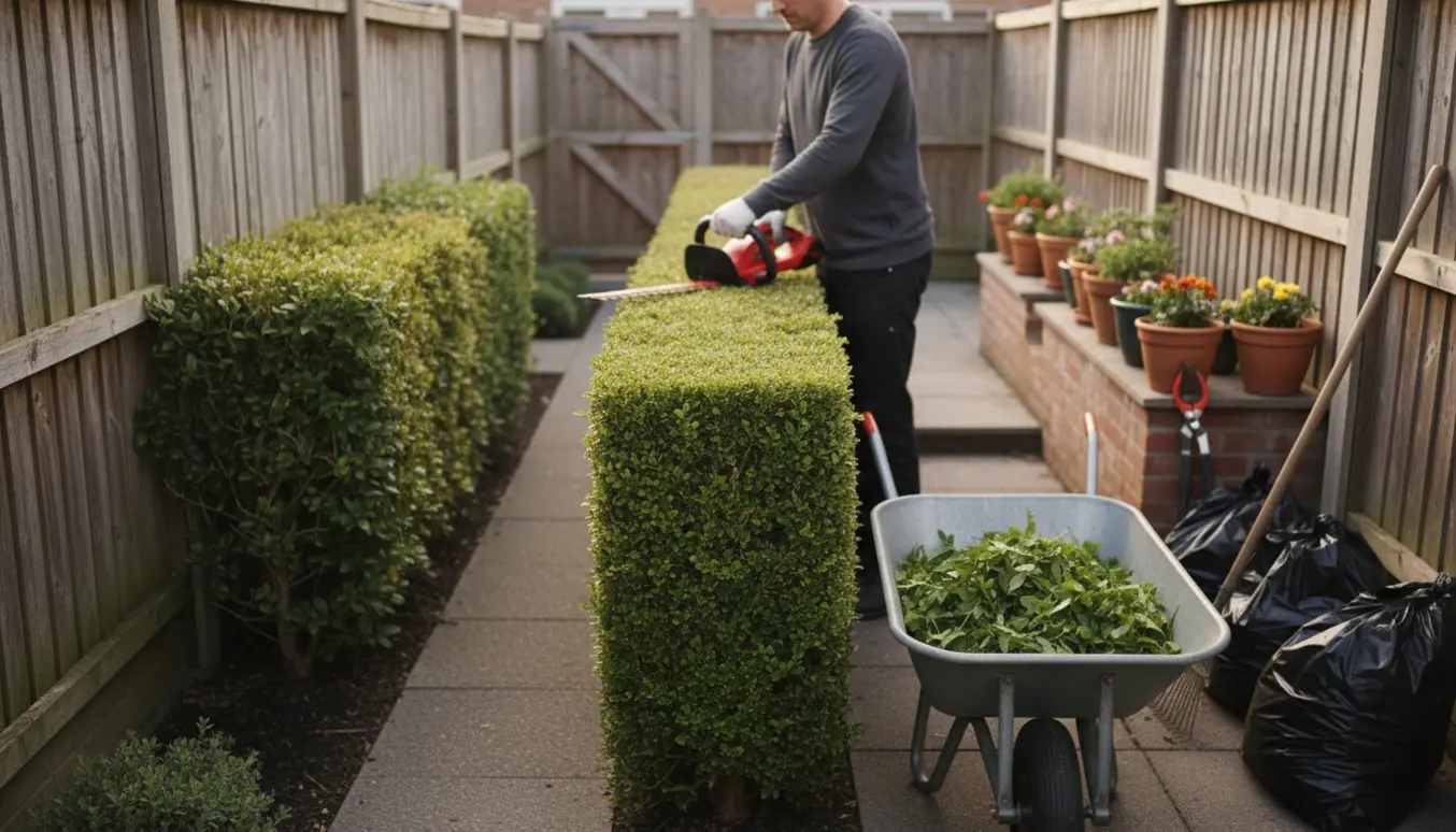 Person trimmer hæk i en lille rækkehushave med nysnittet hæk, trillebør og haveredskaber.