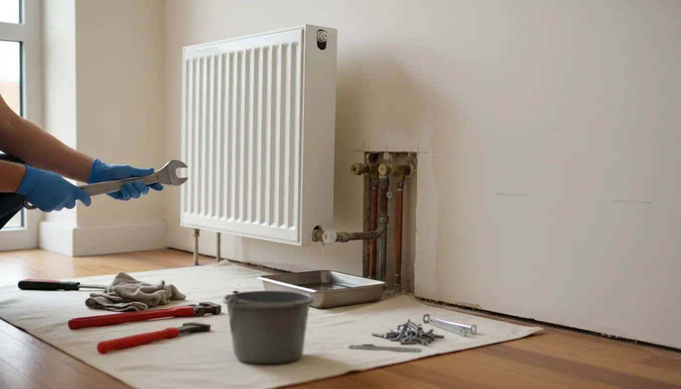 Et halvt afmonteret hvidt radiator med værktøj og dråbefangst i et lyst renoveringsrum.