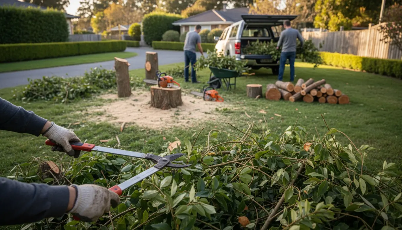 Håndværkere beskærer buske og fælder mindre træer med grene og træstammer klar til bortkørsel.