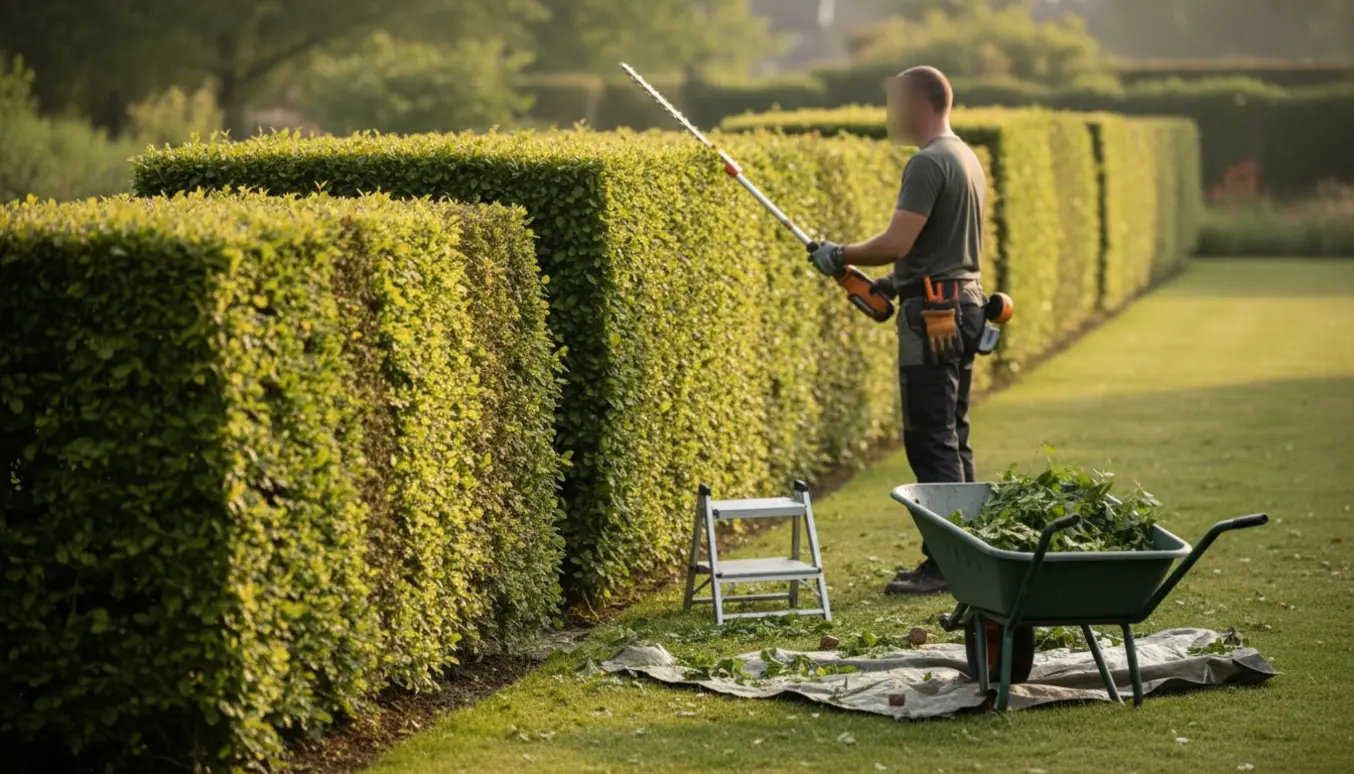 Gartner klipper en lang bøgehæk med hækkeklipper, med en flad top og ryddet yderside.