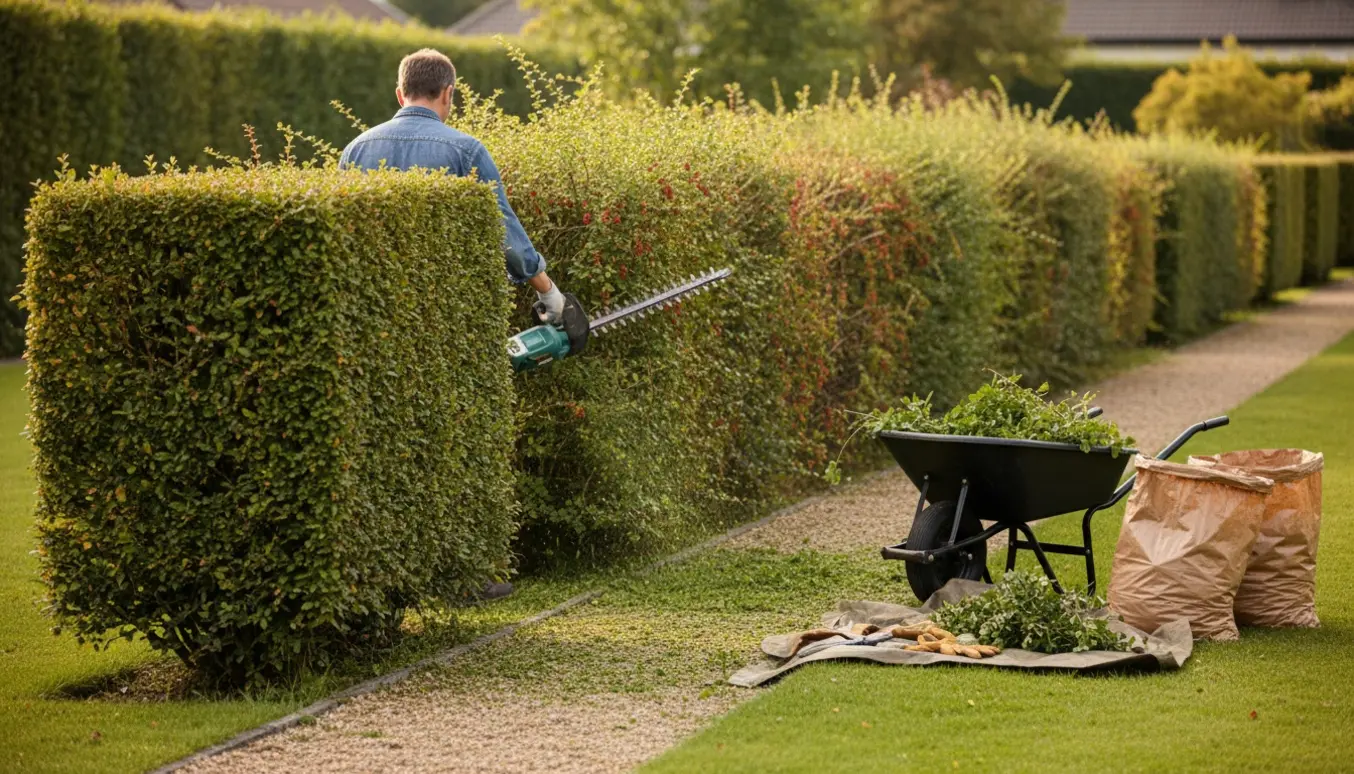 Lang berberishæk ved en have, hvor en gartner trimmer hækken og samler afklip i en trillebør.