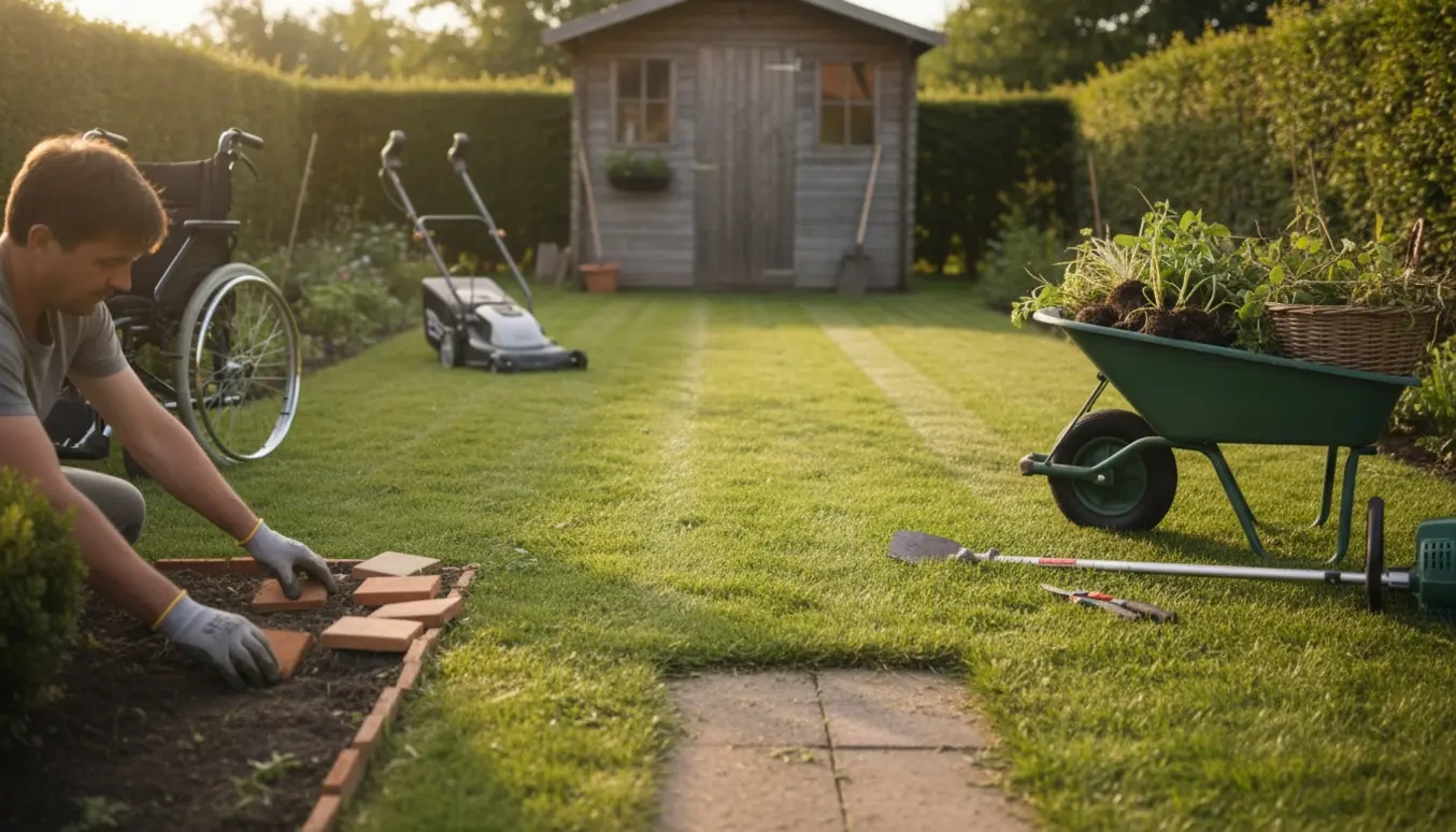 Soloplyst kolonihave med slået græs, kantfliser, flyttede stauder og en kørestol ved siden af værktøj.