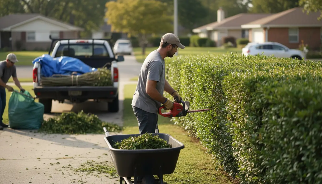 Professionel hækklipning langs indkørsel med trailer til bortkørsel af afklip.