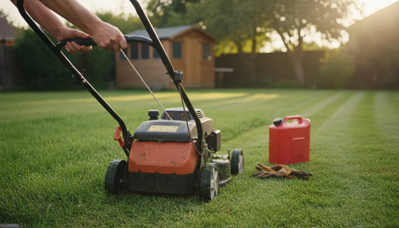 Hænder, der forsøger at trække i startrebet på en plæneklipper foran en nyklippet græsplæne.