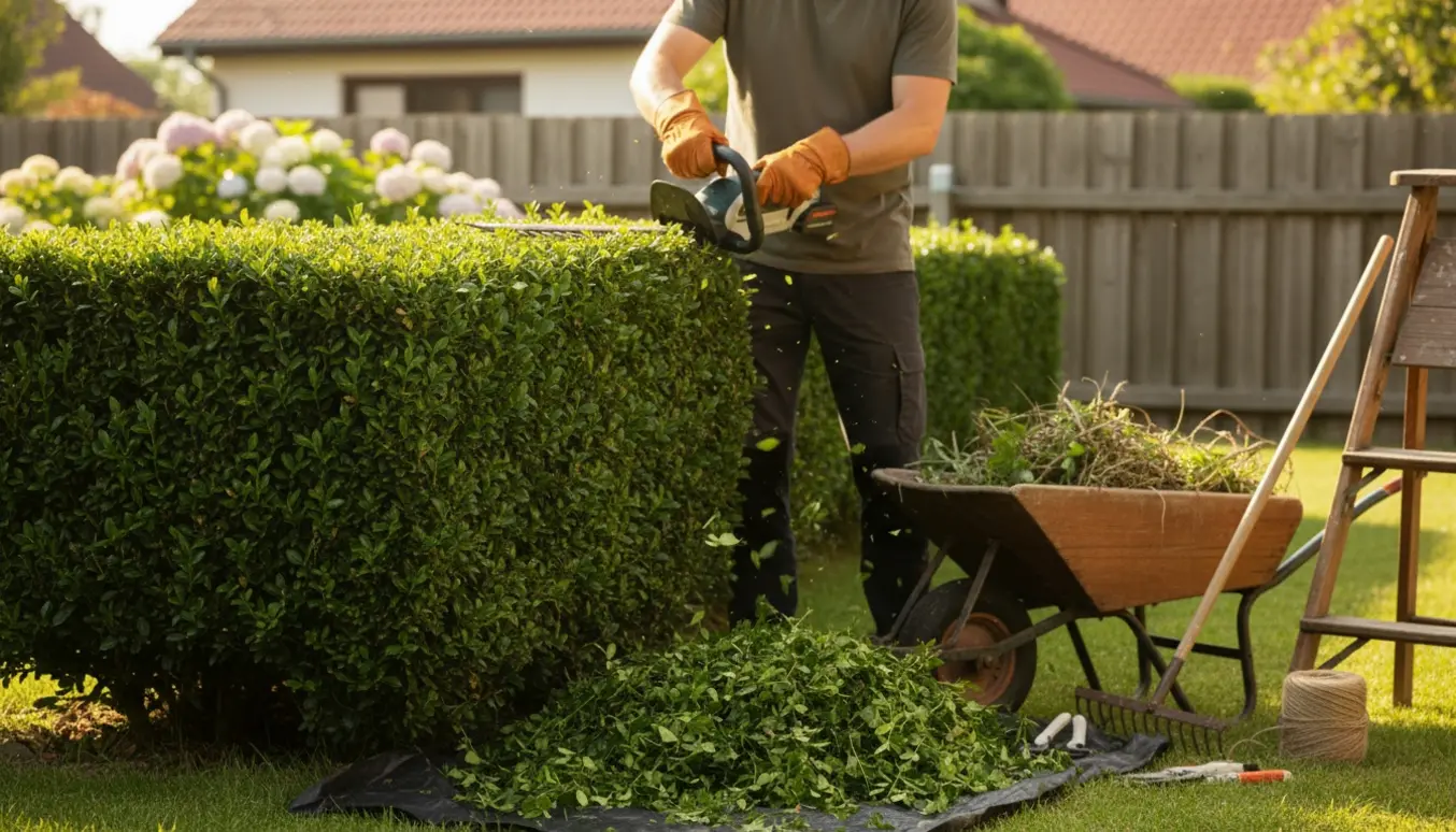 Person beskærer en grøn hæk i en solrig have med afklippede grene og fjernet ukrudt samlet ved siden af.