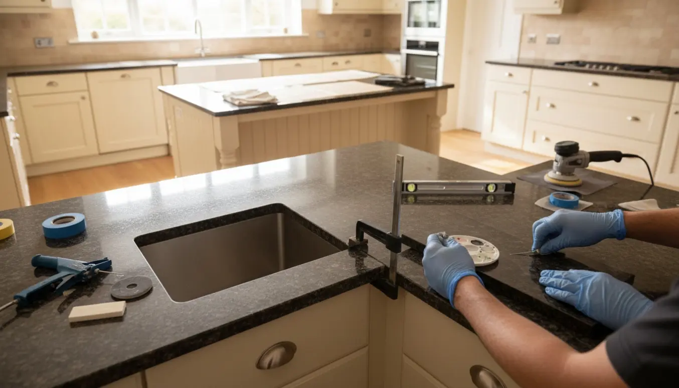 Nærbillede af montering og diskret samling af granitbordplade i et hjørnekøkken med køkkenø i baggrunden.