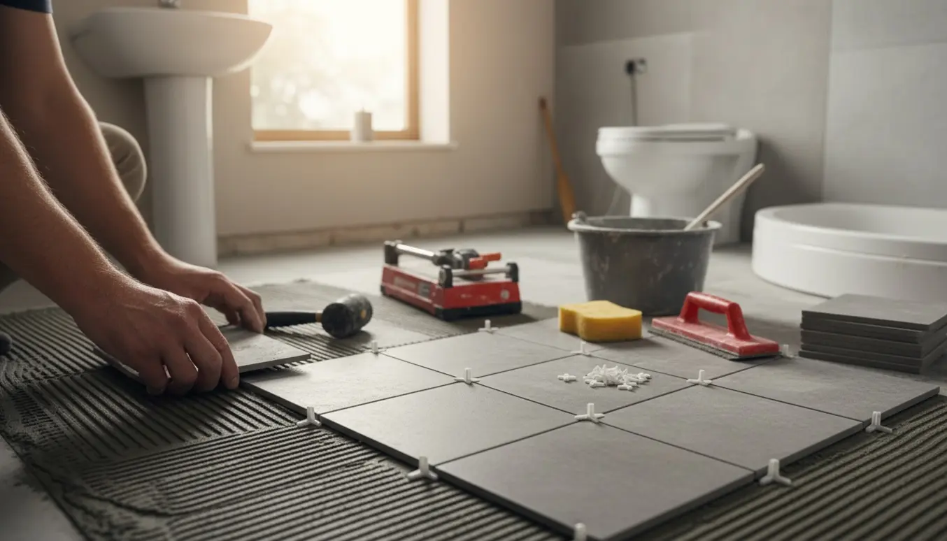 Nærbillede af fliselægning i et lille badeværelse med hænder, fliser og fugeværktøj.