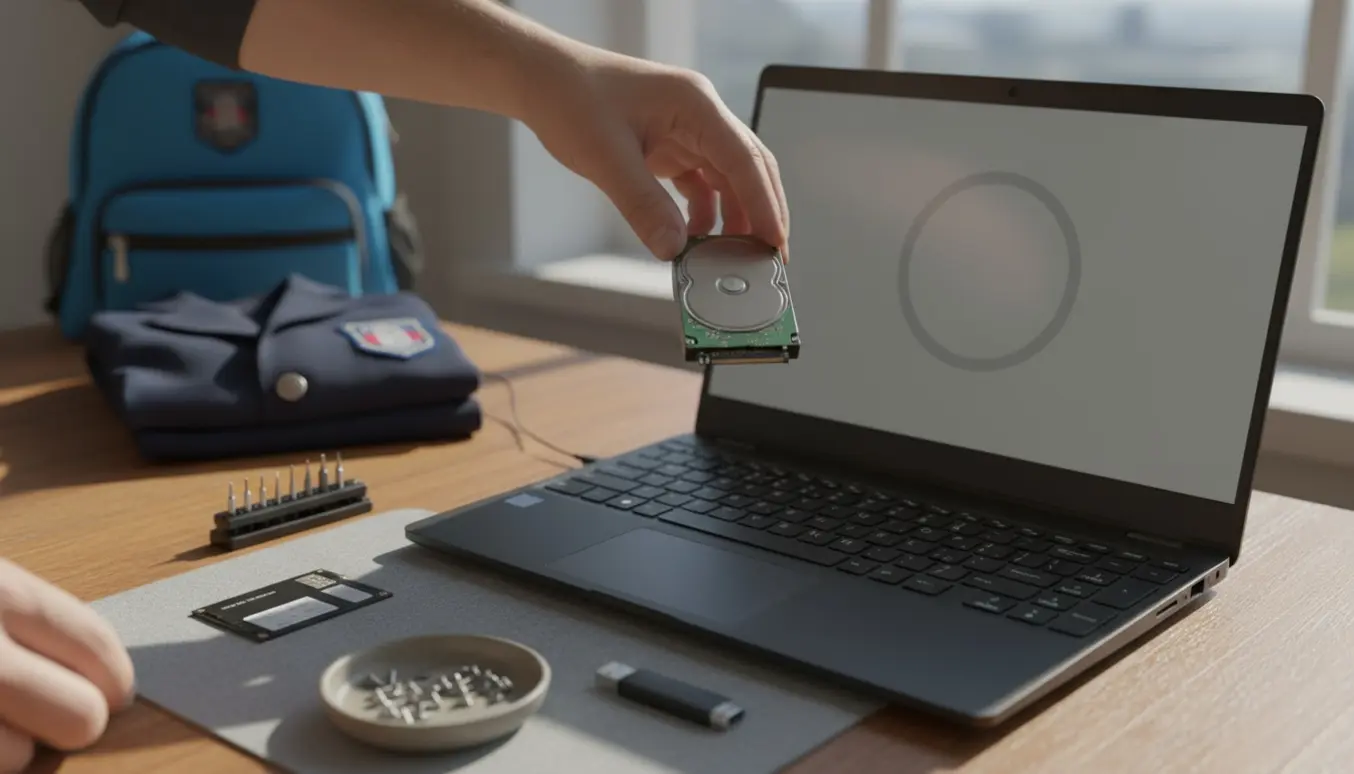 Hænder holder en fjernet harddisk ved en bærbar på et træbord med værktøj og en skoletaske i baggrunden.