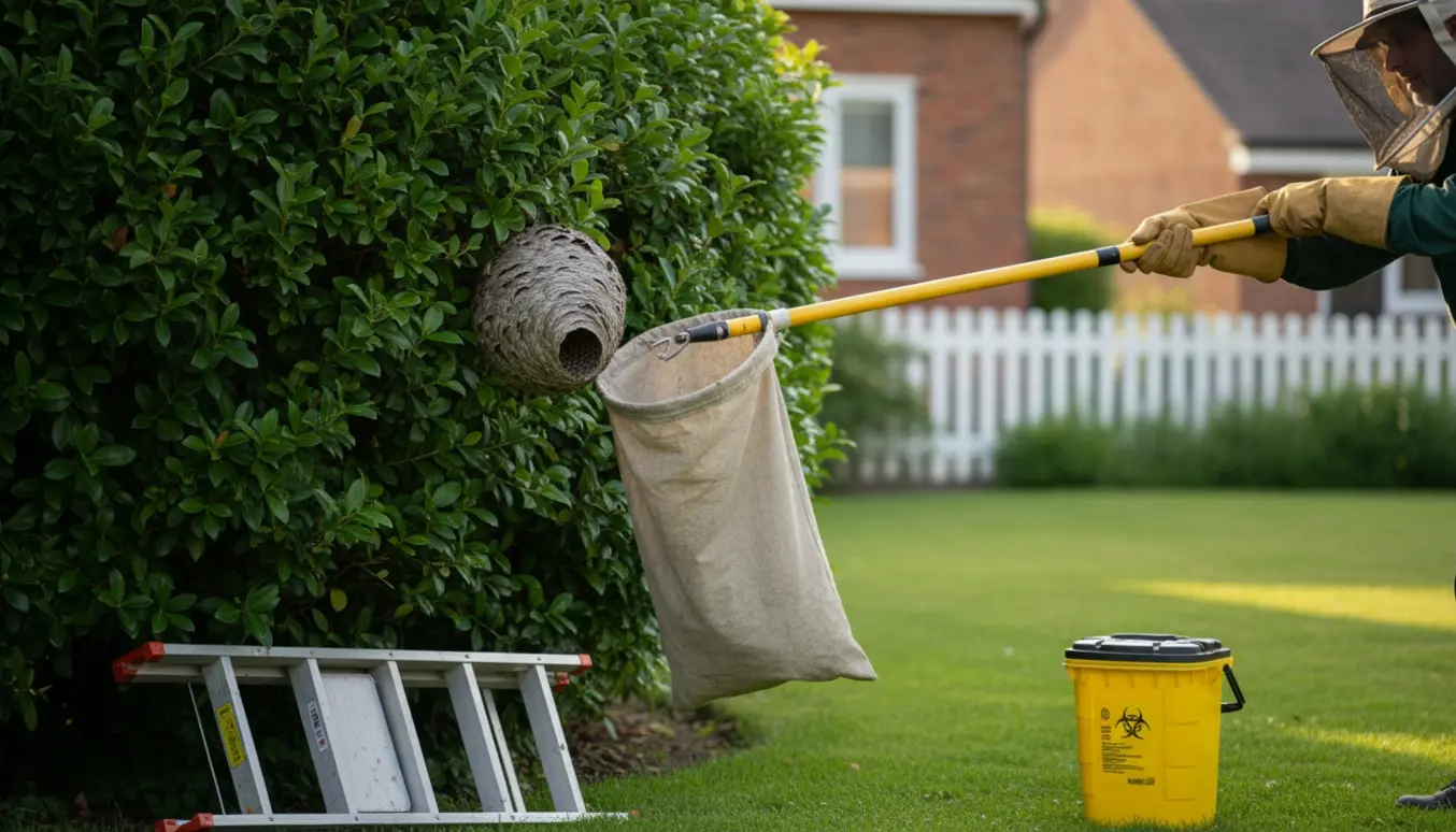 Person i beskyttelsesudstyr fjerner et hvepsebo fra en tæt hæk.