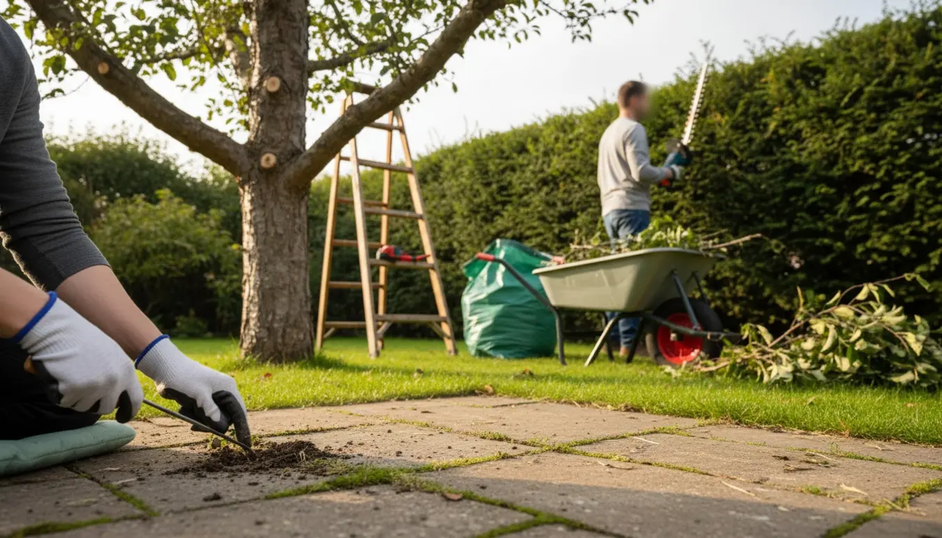 Havearbejde med ukrudtslugning mellem fliser, beskæring af æbletræ og klipning af hæk ved en trillebør med haveaffald.