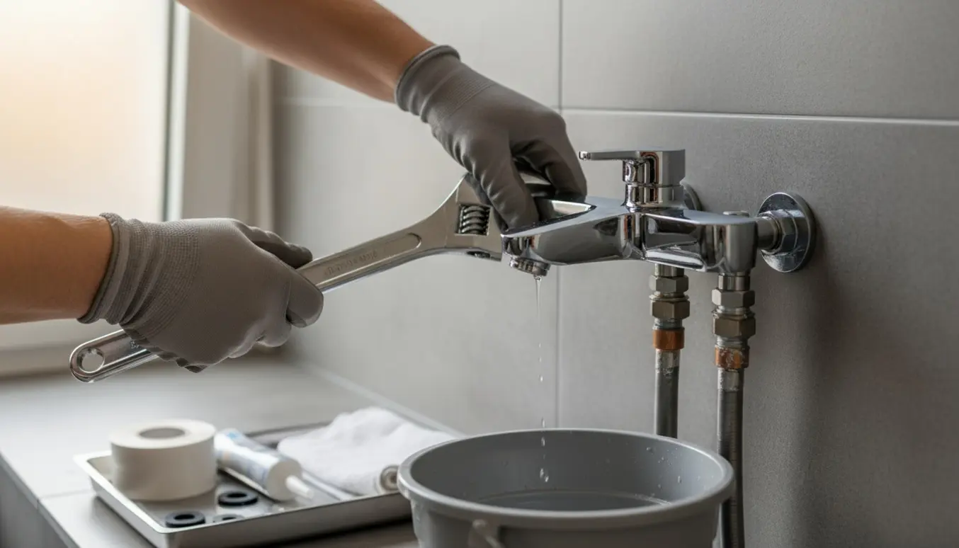 Hænder monterer et nyt krom brusebatteri på eksisterende rør i et lyst flisebadeværelse.