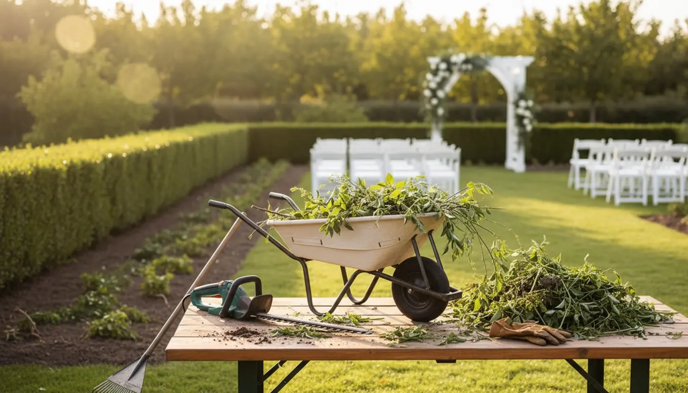 Havearbejde ved et opstelt bryllup: hækkeklipper, rive og trillebør foran en nyligt ordnet have.
