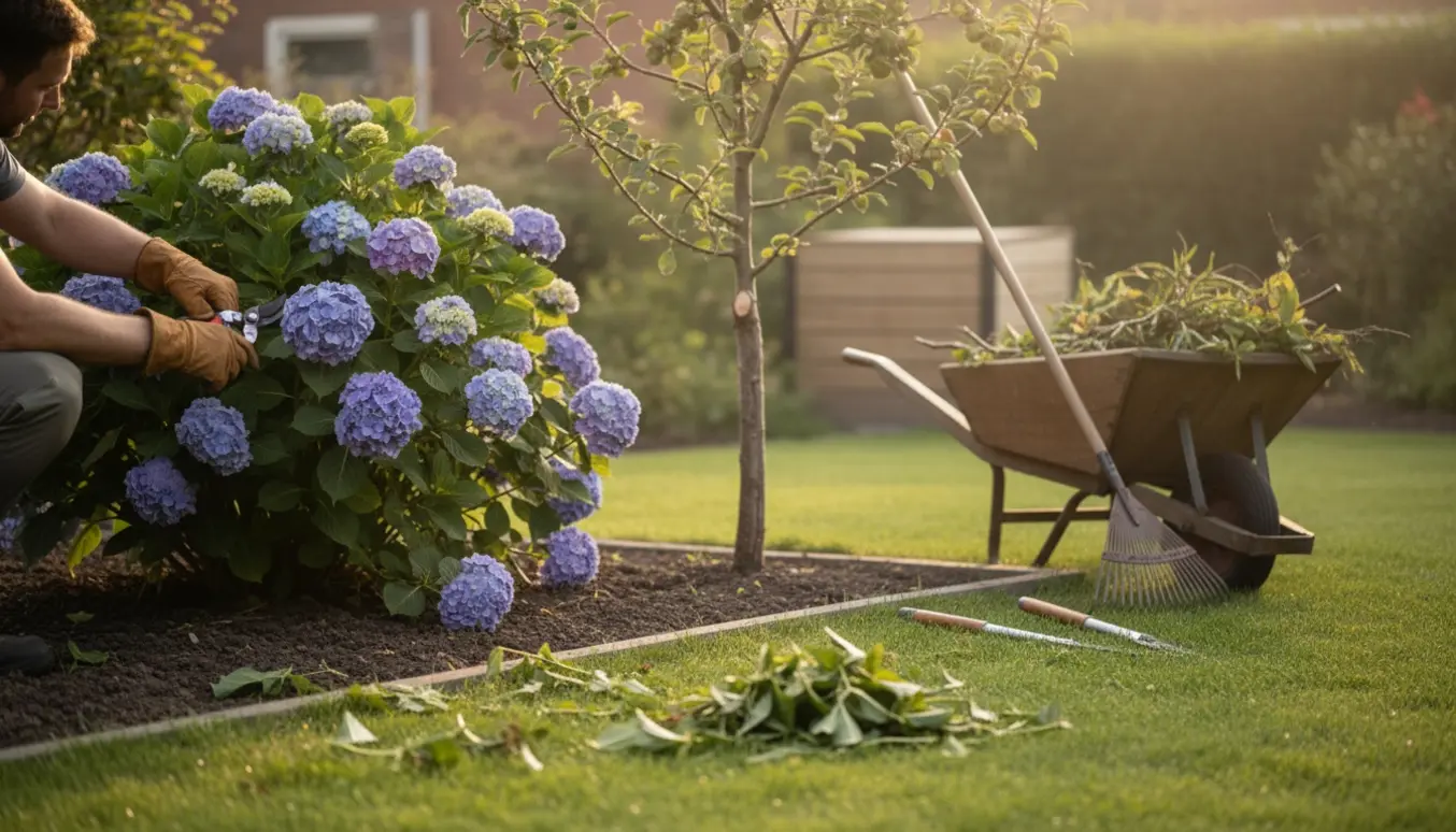 En gartner uden synligt ansigt beskærer buske i en velplejet have med værktøj og en trillebør fyldt med afklip.