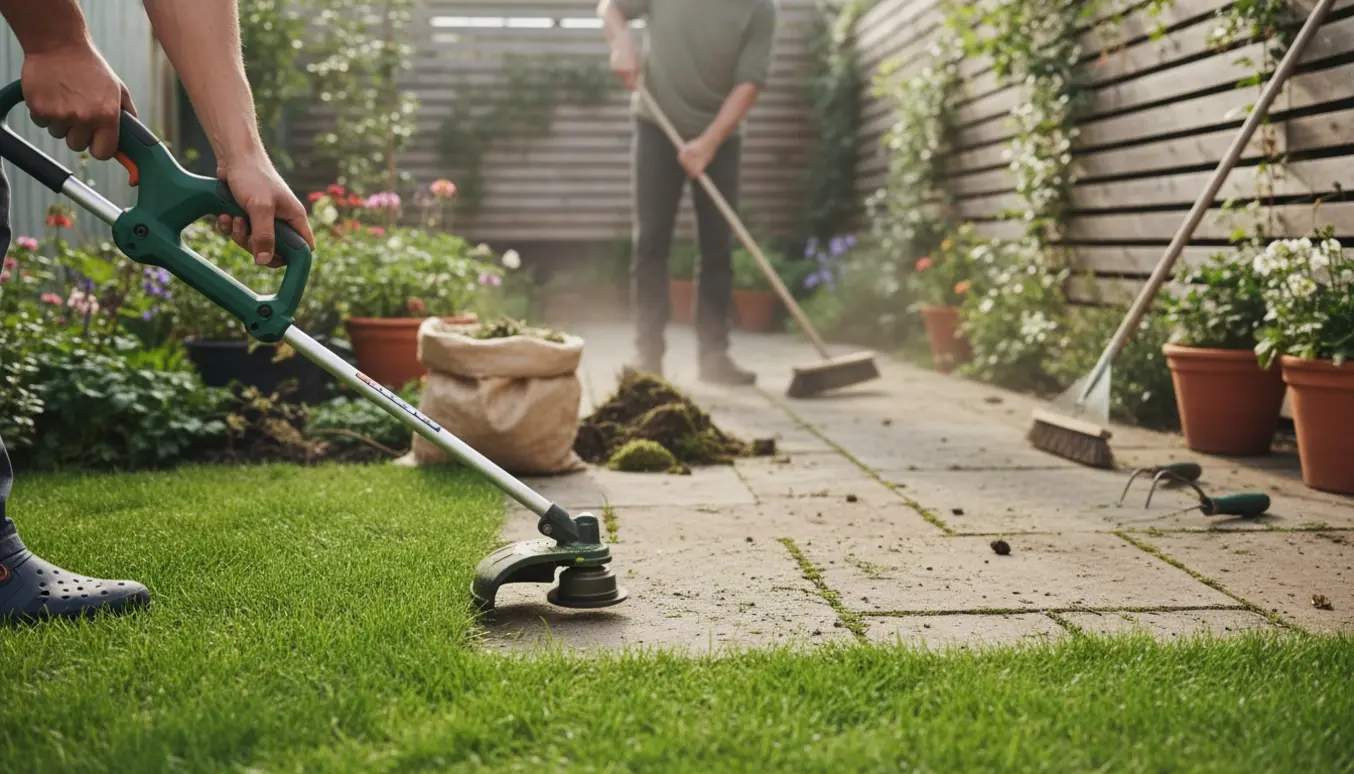 Nærbillede af en lille baghave hvor græs trimmes, ukrudt fjernes mellem fliser, og haveredskaber ligger klar.