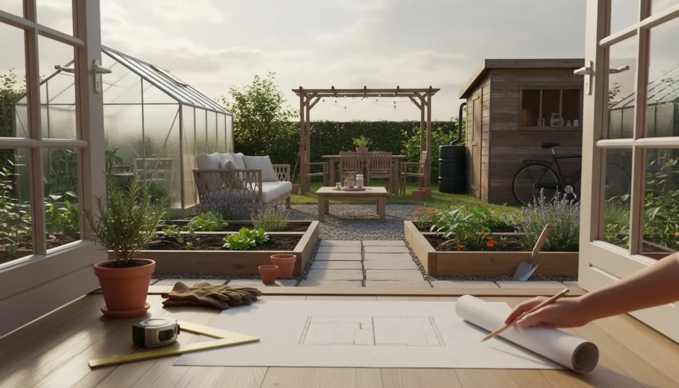 Oversigt over en baghave med drivhus, regnvandstønde, cykelskur, højbede, lounge- og spiseområde set gennem den åbne havedør.