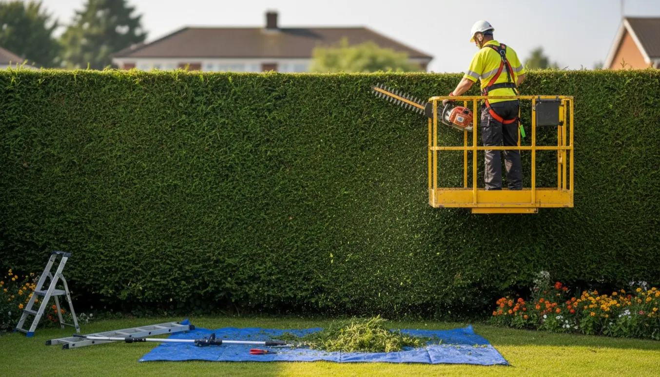 Professionel beskæring af en meget høj hæk fra en lift med friske afklip og sikkerhedsudstyr.