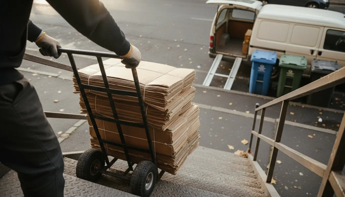 En person ses bagfra, trækker sammenpresset pap på en sækkevogn ned ad trappen fra 2. sal mod en åben varebil og genbrugscontainere.