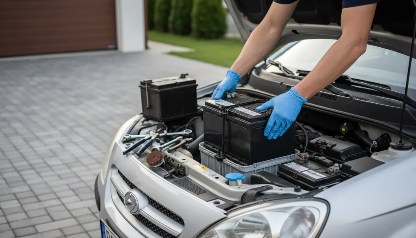 Nærbillede af Hyundai Getz motorrum med hænder, der monterer et nyt bilbatteri.
