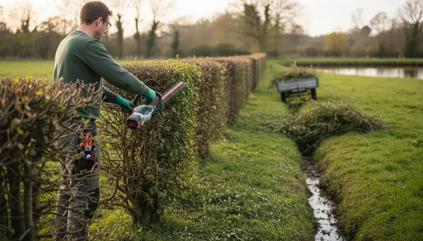 Hækkeklipning af tjørnehæk ved en grøft mod damhusengen med afklippede grene lagt i en bunke.