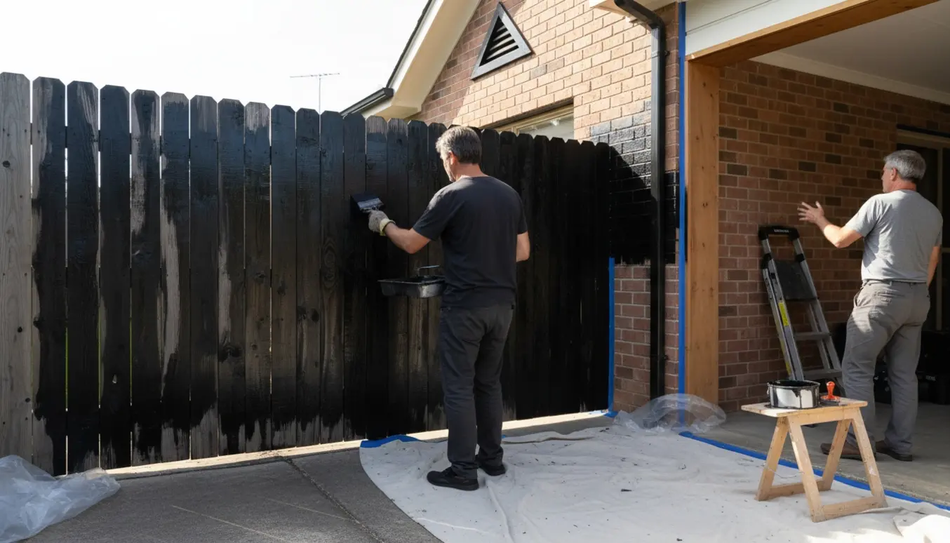 Udendørs nærfoto af gammel træbeklædning, hvor træ males sort med afdækning mod mursten.