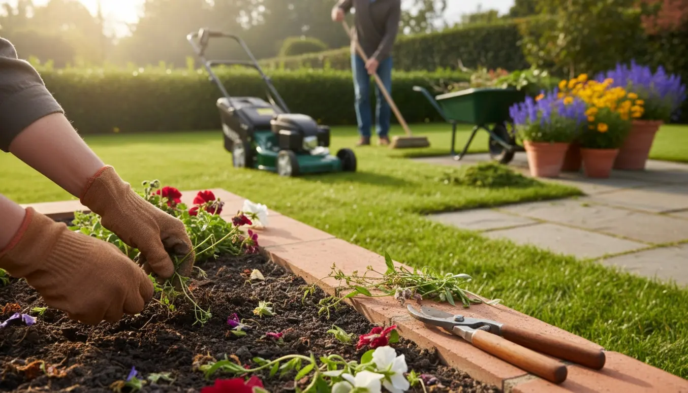 Havearbejde med handsker, hvor ukrudt fjernes, græsplæne og fejet fliseareal i baggrunden.