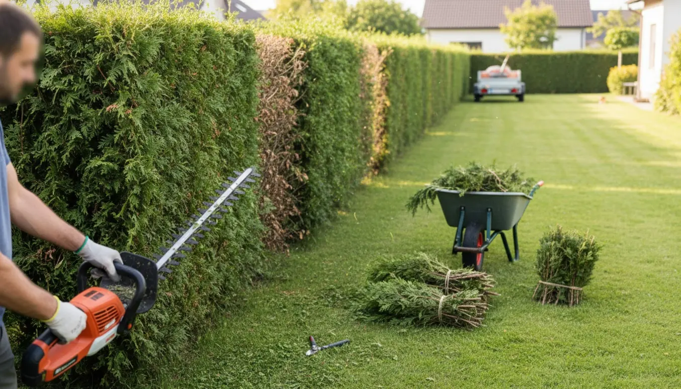 Et ca. 30 m langt thujahegn klippes professionelt, med afklip samlet i en trillebør.