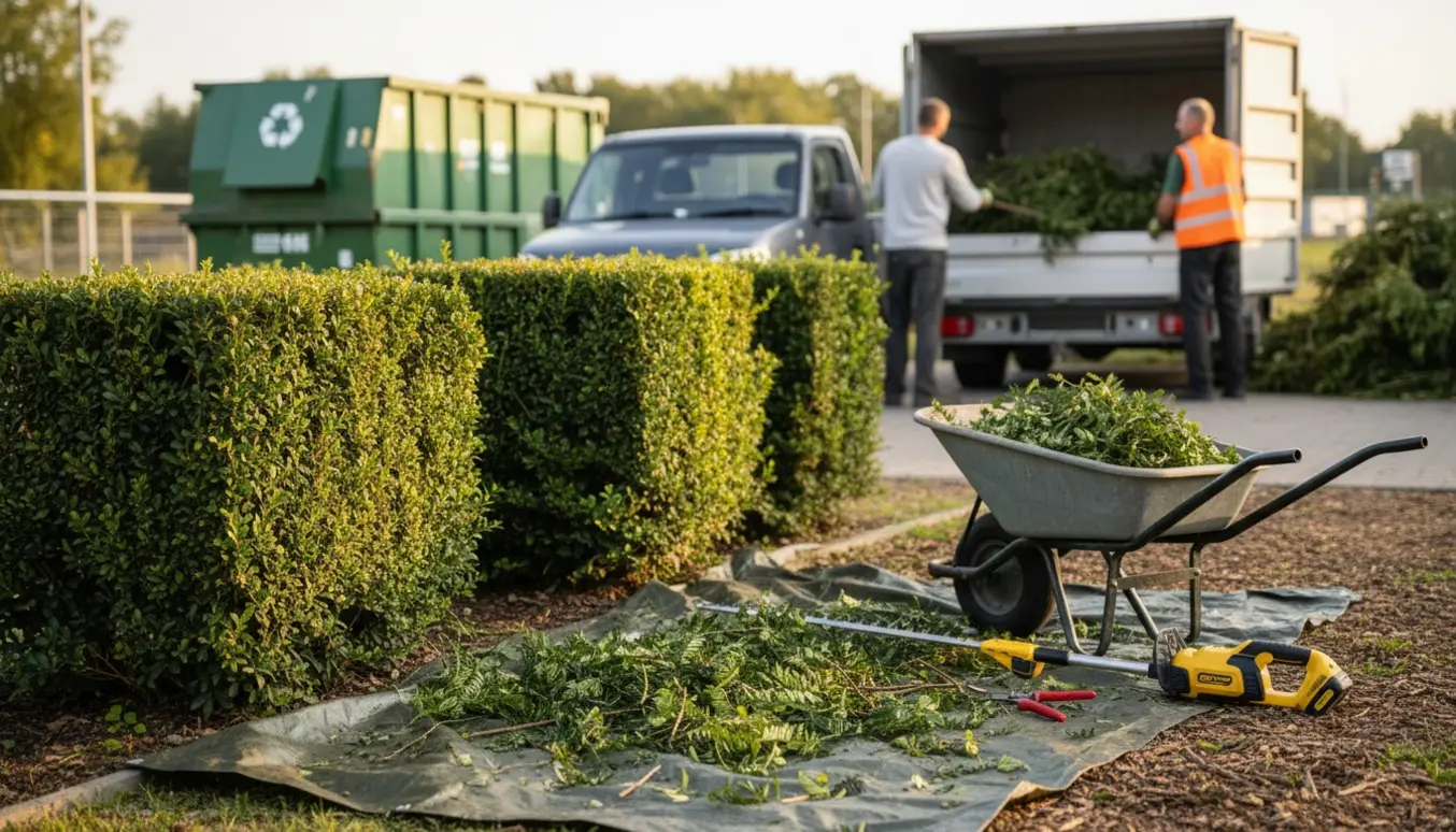 Trimmet hæk og en trailer fyldt med grene afleveret ved genbrugspladsen.