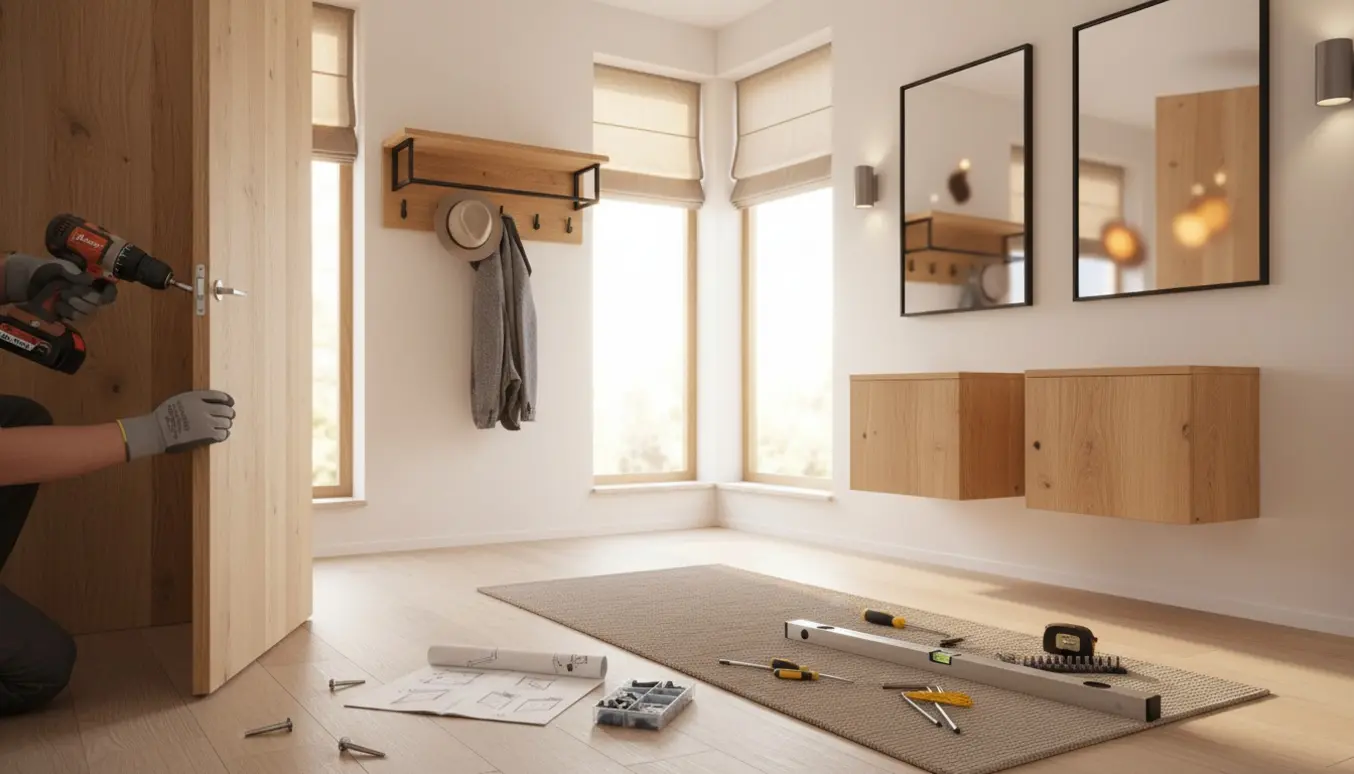 Hænder samler et delvist opbygget klædeskab i en lys entré med hylde, spejle, persienner og værktøj.